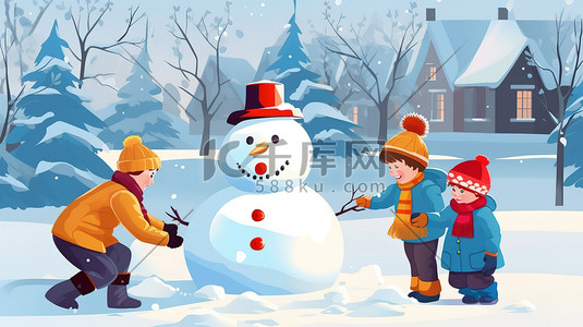 堆雪人下雪插画图片_冬天孩子们在堆雪人4
