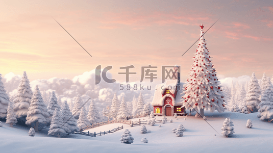 冬天雪山森林木屋圣诞节圣诞树装饰插画8