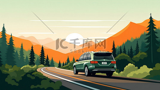动图穿越插画图片_家庭SUV在穿越自然风景自驾旅行5