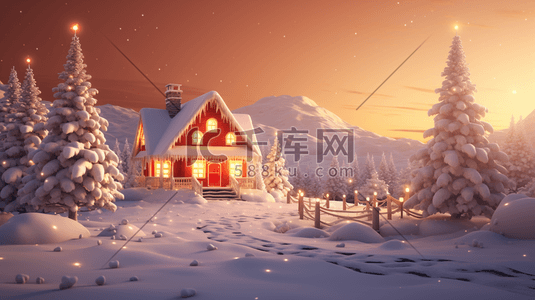 冬天雪山森林木屋圣诞节装饰插画4