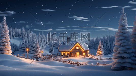圣诞节装饰圣诞节插画图片_冬天雪山森林木屋圣诞节装饰插画18