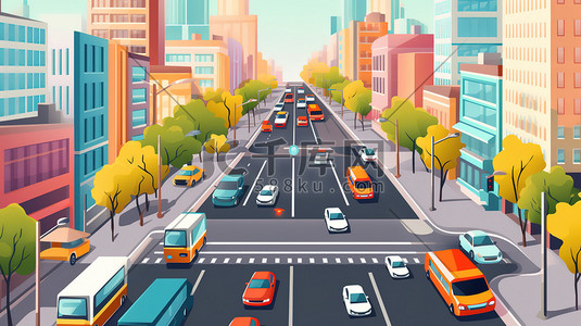 汽车尾气动画插画图片_繁忙的城市街道汽车交通13