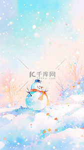 盲盒娃娃插画图片_点彩冬天雪地里的雪人雪娃娃