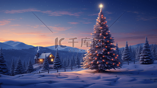装饰小圣诞树插画图片_冬天森林木屋圣诞节装饰插画11