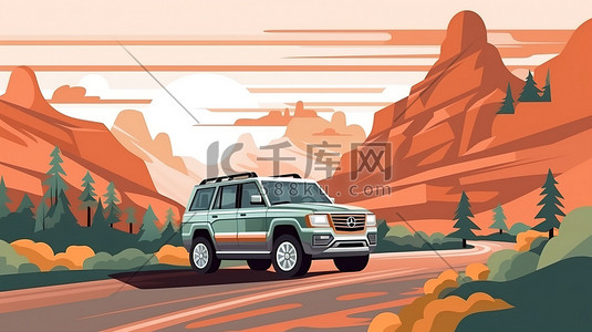 suv车插画图片_家庭SUV在穿越自然风景自驾旅行14