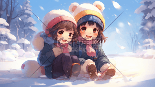 看雪景插画图片_坐在雪地里看雪的小女孩插画