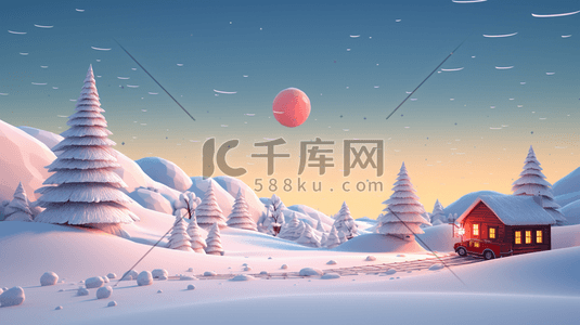 冬天雪山森林木屋圣诞节装饰插画13