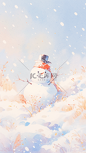 冬天的雪人插画图片_点彩冬天雪地里的雪人雪娃娃