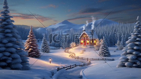 装饰小圣诞树插画图片_冬天森林木屋圣诞节装饰插5