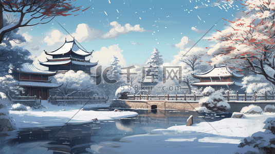 手绘古镇插画图片_手绘冬季中国古建筑山水插画4