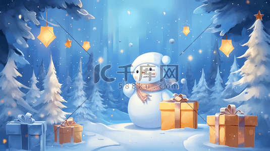 雪人圣诞礼物插画图片_蓝色水彩圣诞雪人圣诞节圣诞树
