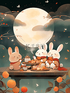 数字骰子插画图片_中秋插画小兔子赏月聚会团聚