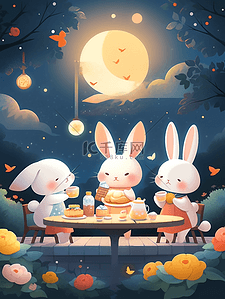 中秋插画小兔子赏月聚会团聚