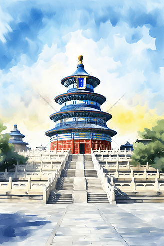 建筑城市天坛水彩手绘插画