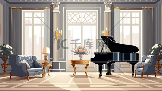 客厅家具插画图片_优雅的客厅家具钢琴14