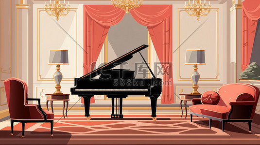 客厅钢琴插画图片_优雅的客厅家具钢琴18