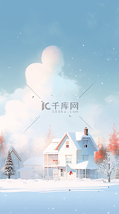 冬季小雪景插画图片_冬天雪地风景雪里的小屋子