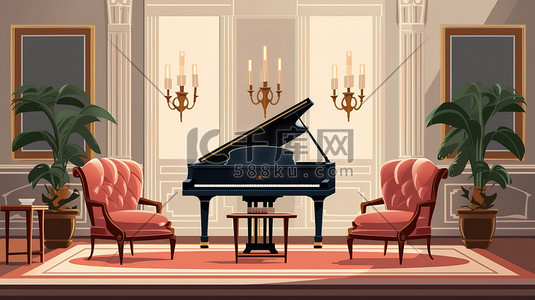 轻奢插画图片_优雅的客厅家具钢琴5