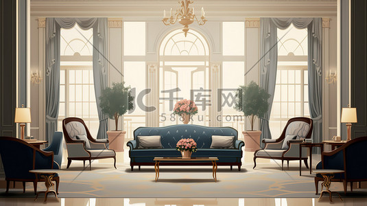 客厅家具插画图片_优雅的客厅家具钢琴19