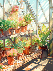 温室花朵插画图片_阳光充足温暖明亮玻璃花房15