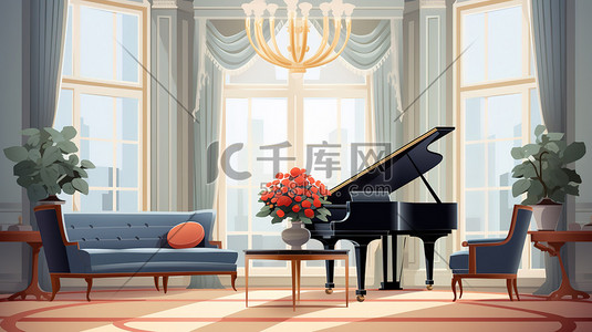 优雅钢琴插画图片_优雅的客厅家具钢琴16