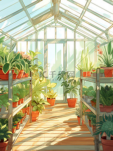 温室花朵插画图片_阳光充足温暖明亮玻璃花房5