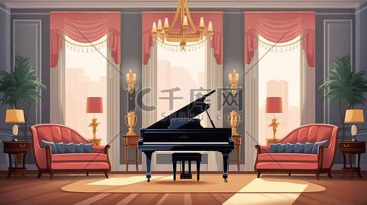 客厅钢琴插画图片_优雅的客厅家具钢琴10