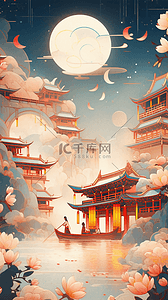 圆花插画图片_国潮插画中秋月圆游街赏花中国风建筑花灯