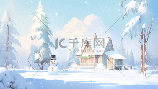 冬天的雪人插画图片_冬天雪地风景雪里的小屋子