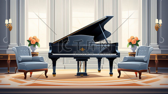 客厅钢琴插画图片_优雅的客厅家具钢琴6