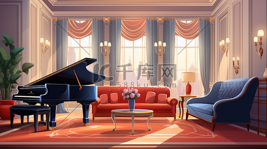 客厅钢琴插画图片_优雅的客厅家具钢琴11