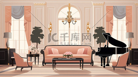 客厅钢琴插画图片_优雅的客厅家具钢琴8