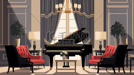 客厅家具插画图片_优雅的客厅家具钢琴12