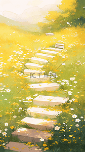 一枝黄花插画图片_水彩清新秋天通往山坡的小径