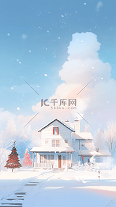 屋子插画图片_冬天雪地风景雪里的小屋子