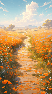 点插画图片_明黄点彩水粉秋天旷野开满山坡的美丽花朵