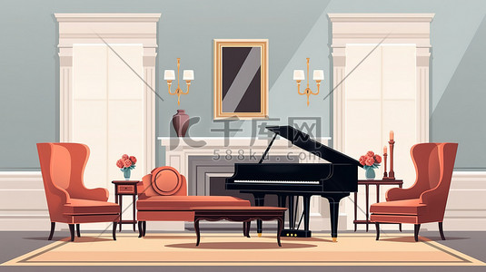 客厅家具插画图片_优雅的客厅家具钢琴9