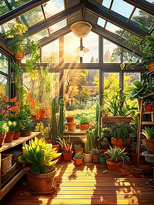 温室花朵插画图片_阳光充足温暖明亮玻璃花房1