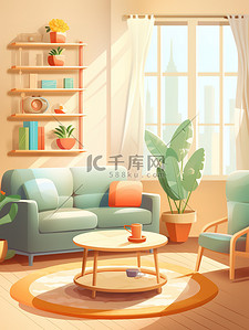 舒适宁静的居住插画图片_舒适温馨明亮的客厅5