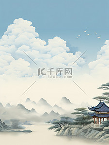 宋代美学插画图片_中国风建筑东方美学蓝天4