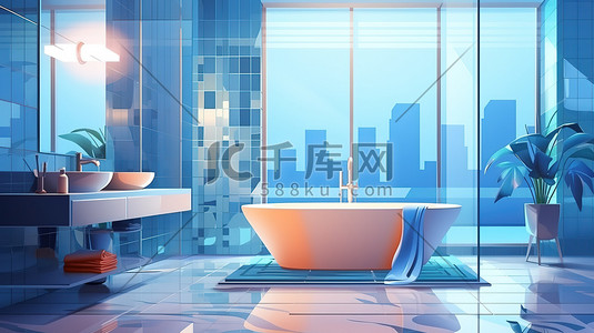 马赛克字条插画图片_蓝色马赛克瓷砖现代浴室3