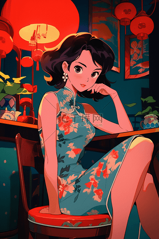 旗袍插画22企业vip免费下载免抠元素女生情侣绵羊头像卡通绘画可爱