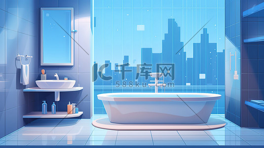 蓝色家居插画图片_蓝色马赛克瓷砖现代浴室5