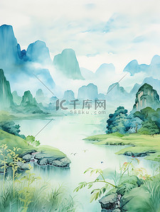 红黄蓝水彩插画图片_绿蓝黄水彩中国风山水画11