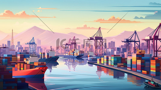集装箱插画图片_繁忙的港口城市和集装箱船