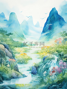 绿蓝黄水彩中国风山水画15