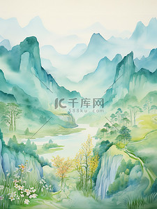 中国风数字艺术插画图片_绿蓝黄水彩中国风山水画17