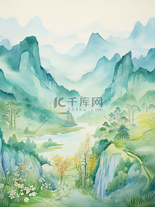 简约黄蓝插画图片_绿蓝黄水彩中国风山水画17