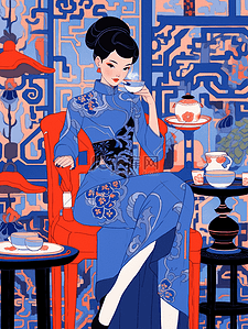 旗袍美女人物插画图片_蓝色民国风中式人物新中式旗袍美女