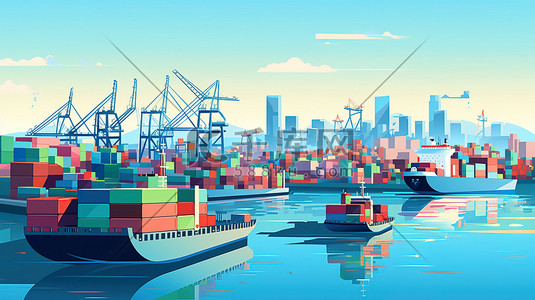 集装箱插画图片_繁忙的港口城市和集装箱船